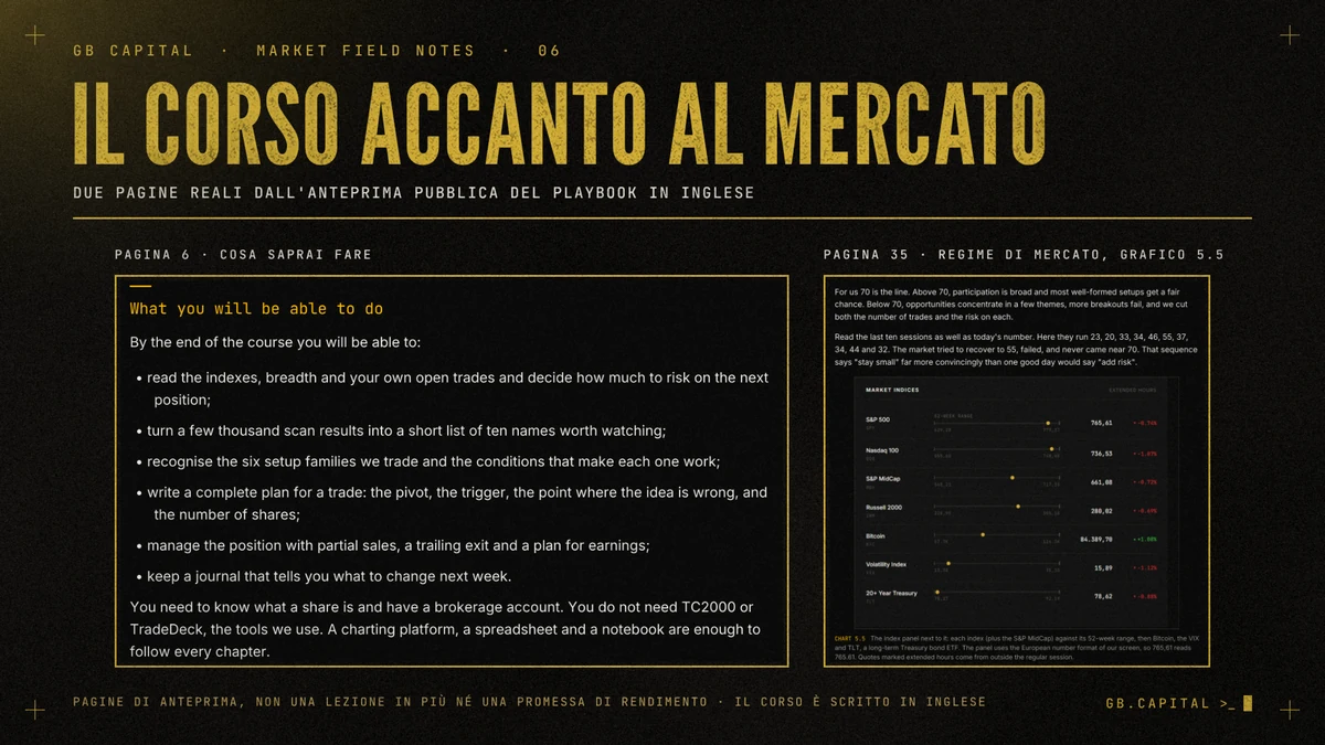 Due pagine del corso affiancate: l'elenco di ciò che il lettore saprà fare alla fine del corso e una pagina sul regime di mercato con il pannello Market Indices, grafico 5.5. Le pagine sono in inglese.
